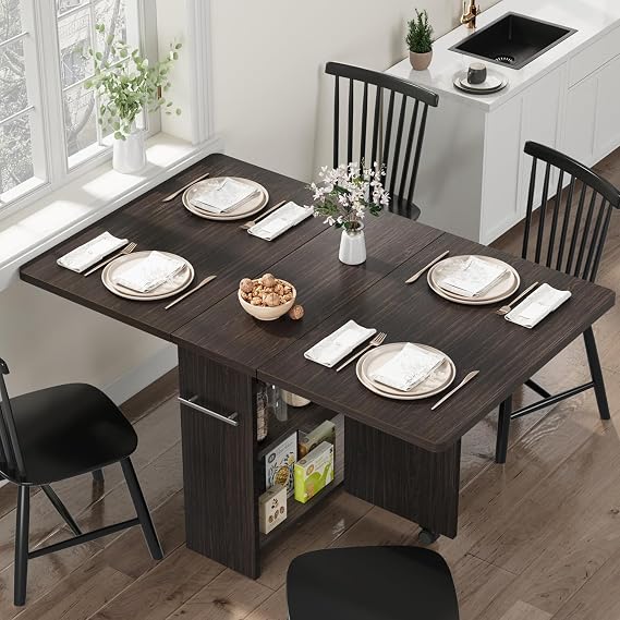 CABIHOME Folding Dining Table with 2 Tier Storage-Extendable Drop Leaf Space Saving Kitchen Dining Room Tables for 4, Collapsible Expandable Rectangle (Dark Walnut, 47.2" D x 23.6" W x 29.5" H)