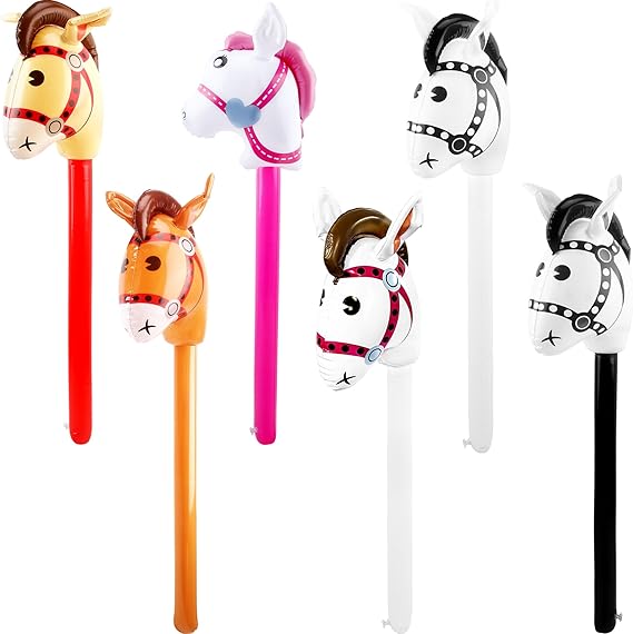 6 pack 40 Inch Inflatable Horse Stick Cute Horsehead Stick Balloon Colorful Inflatable Horsehead Blow Up Pony Toys for Christmas Cowboy Cowgirl Horse Theme Party Decor (Color Style 1)