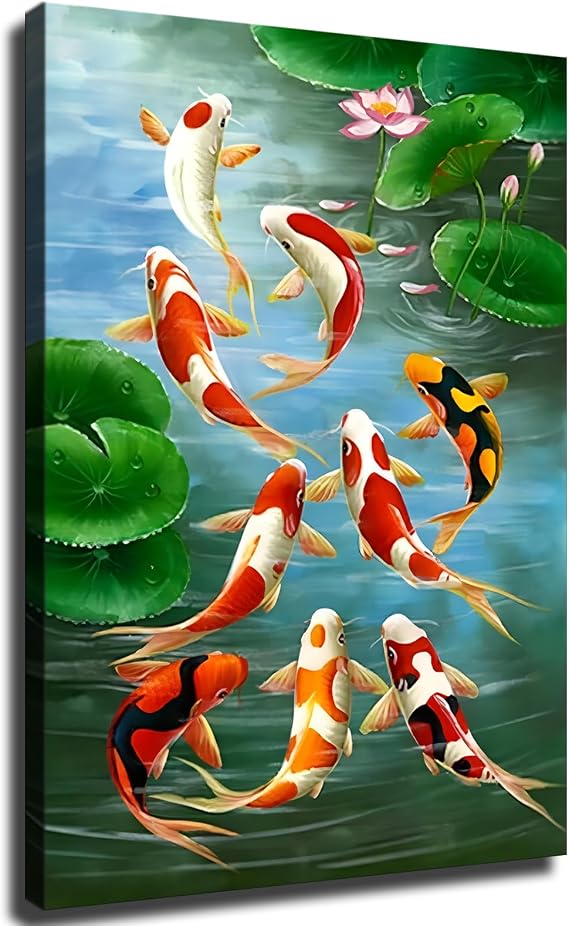 ZeeHxq Feng Shui Nine Koi Fish Lucky Landscape Poster Painting on Canvas Wall Art Living Room Decoration Home (16x24inch Framed)
