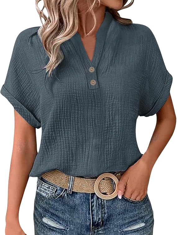 Women's Short Sleeve Cotton Linen Shirts Henley Dressy Casual Summer Tops 2025 Trendy Blouses Beach Vacation Clothes