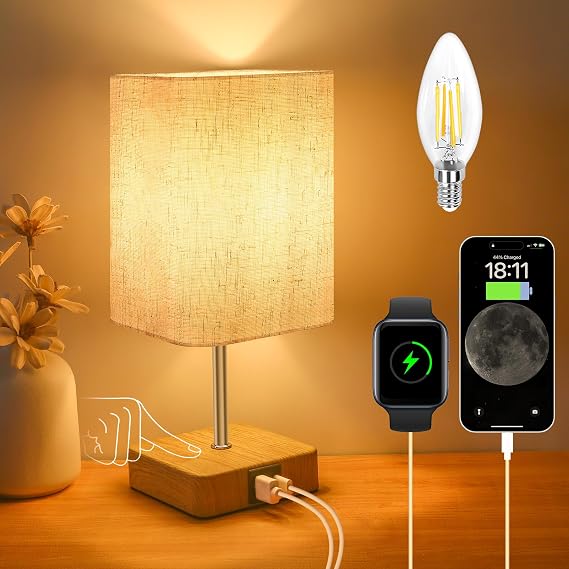 Touch Control USB Table Lamp, Dimmable Nightstand Lamps with USB Charging Ports, Small Touch Lamp with Wood-grain Base ＆ Beige Fabric Shade for Bedroom, Living Room, Children's room, Bulb Included [Energy Class F]