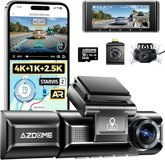 AZDOME M550 Max 4K 3 Channel Dash Cam Front and Rear Inside, Dual STARVIS 2