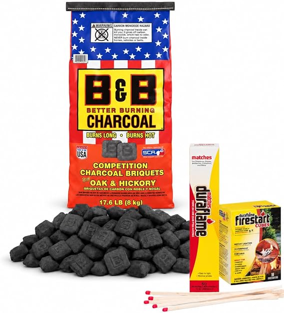 B&B Charcoal Competition Charcoal Briquets Oak & Hickory, 17.6 lb Bag with Duraflame Firestart Cubes 18 Count and 50 Long Matches for Grilling, BBQ & Smoking