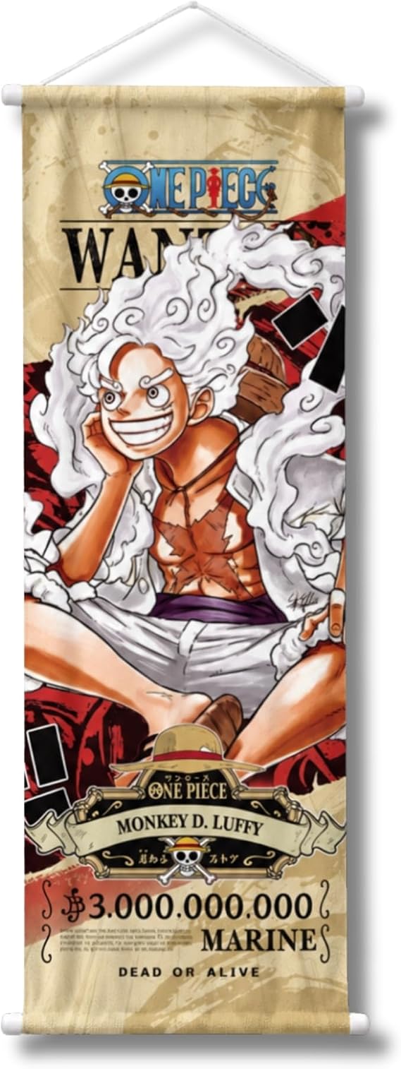 One Piece Anime Wall Scroll, Japanese Version Wanted Posters Collection, Decorative Art Print with Hanging Accessories, 27.5 x 9.8 Inches (Luffy)