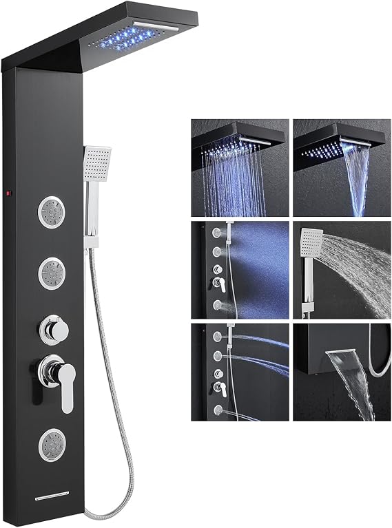 6-in-1 Shower Tower Panel Black, Rainfall & LED, Stainless Steel