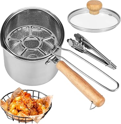 Deep Fryer Pot, 304 Stainless Steel Deep Oil Fryer with Strainer Basket Handle, Portable Small Deep Fryer Pot Japanese Tempura Deep Fryers for Frying Fish Shrimp Chicken