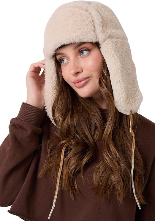 Leather Aviator Shearling Ushanka Trapper Hat Russian Sheepskin Cap Real Fur Winter Hat with Ear Flaps for Men Women