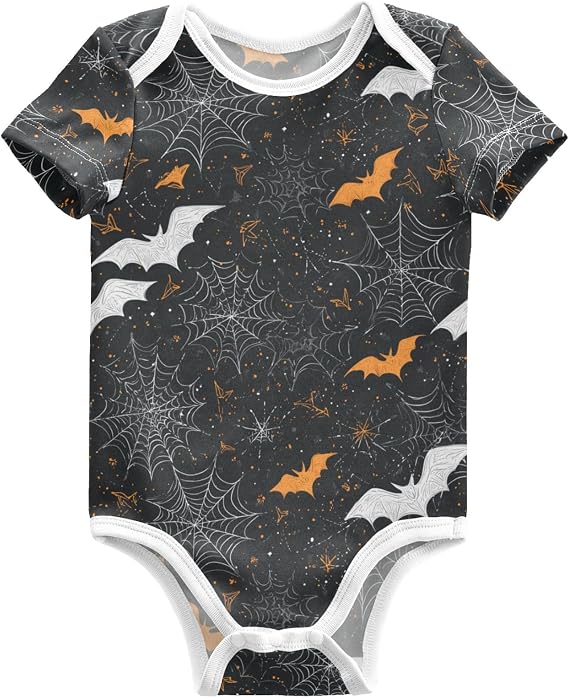 Pigsaly Baby Bodysuits Halloween Orange Bat White Spider Web Newborn Short Sleeve Jumpsuit Boy 3M
