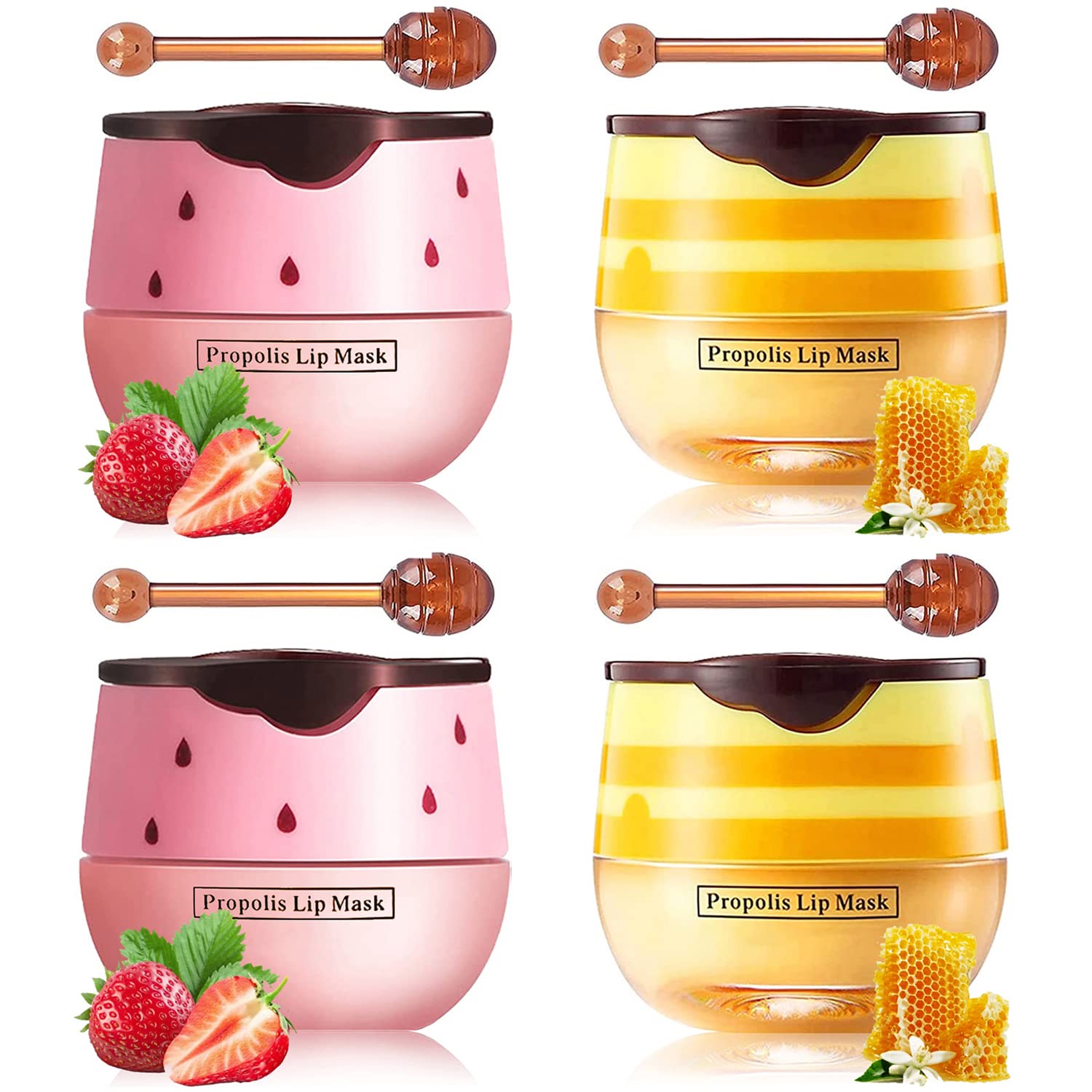 Honey Lip Balm Pot, Propolis Lip Mask, Strawberry Hydrating Propolis Lip Sleeping Mask, Prevent Dry&Cracked, Lip Repair Nourishes the Lip Skin 2pcs Honey & 2pcs Strawberry