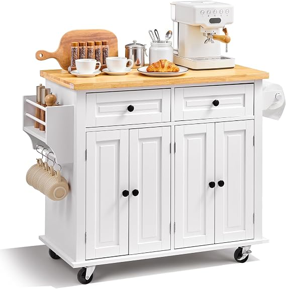 VEVOR Kitchen Island Cart with Solid Wood Top, 35.4" Width Mobile Carts with Storage Cabinet, Rolling Kitchen Table with Spice Rack, Towel Rack, and Drawer, Portable Islands on Wheels, White