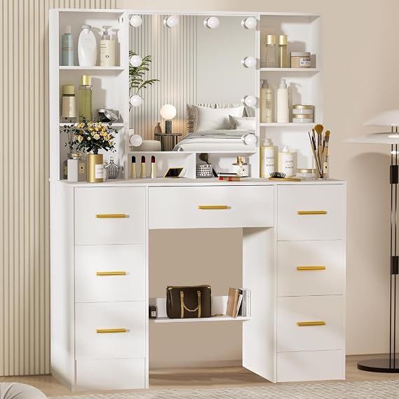 Girls Makeup Vanity, 10 Adjustable Bulbs Lights, 3 Light Mode, 7 Drawers, 8 Open Shelves, 2 Hidden Cabinets Vanity Desk, Makeup Table with Large Tabletop, 55Inches, Morden White
