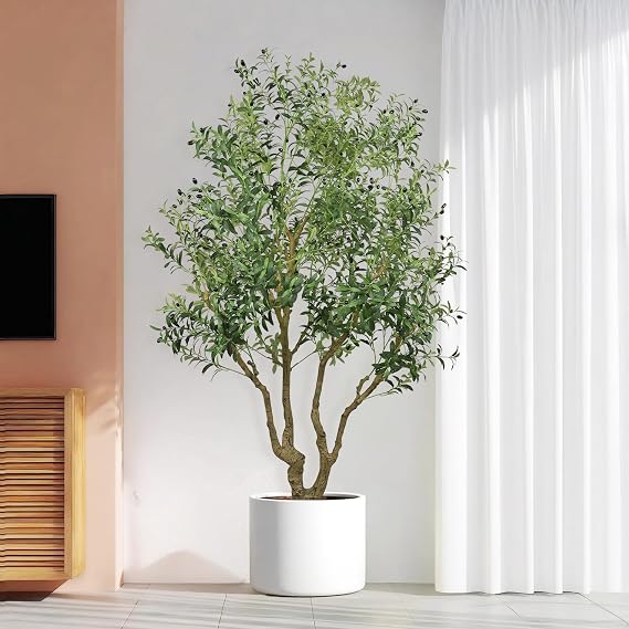 8ft Olive Trees Artificial Indoor Large Faux Olive Tree with Pot, Natural Wood Trunk, Lifelike Fruits & Branches, Fake Plants for Indoor Outdoor Home Office Living Room Floor Decor, 1 Pack