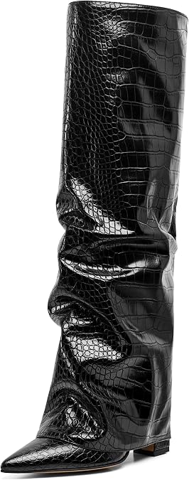 Women's Slouchy Knee High Boots - Black, Pointed Toe, Fold Over, Chunky, Shark Boots