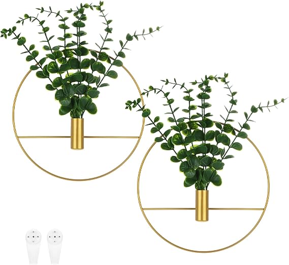 M METERXITY 2 Set Hanging Planters with Artificial Eucalyptus Round Shape [Golden]