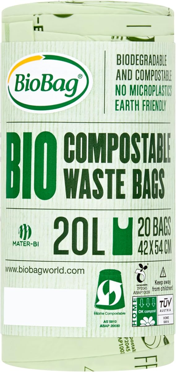 BioBag 20L Compostable Caddy Liners – 20 Bags per Roll – 100% Biodegradable Bin Bags – OK Compost HOME Certified – Green