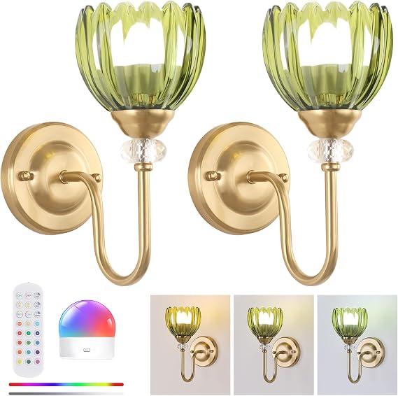 Set of 2 Vintage Battery Operated Wall Sconce, Rechargeable Wall Lamp with 5000mAh Battery & Remote Control, Dimmable Wall Lights with tulip shade for Bedroom Bathroom Living Room, (Tulip Green Up)