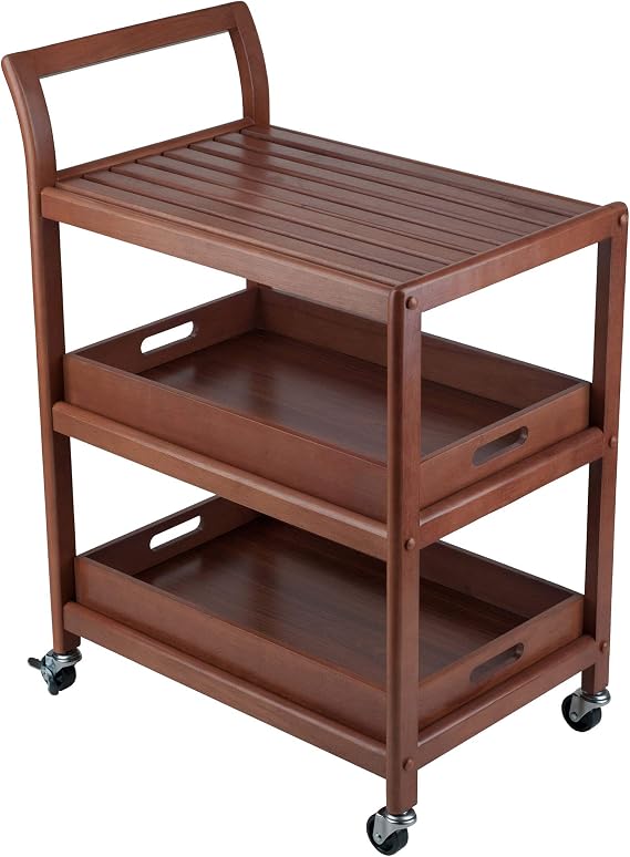 Winsome Albert 3-Tier Serving Cart, Walnut, 33" | Rolling Utility Bar Cart with Wheels for Snacks, Drinks, Kitchen Essentials, Storage & Organization for the Home or Apartment
