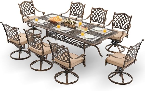 9-Pcs Cast Aluminum Patio Dining Set with 8 Swivel Chairs,Bronze