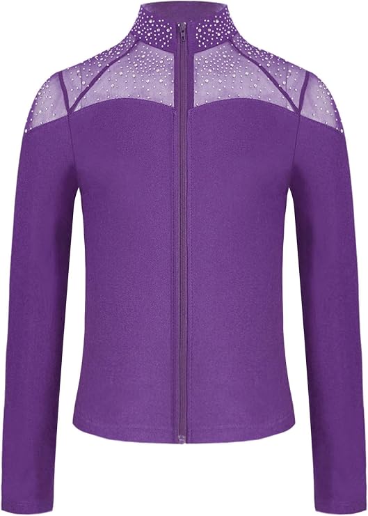Girls Figure Skating Coat Training Wear Long Sleeve Mesh Patchwork Zipper Sweatshirt Child Skating Jacket