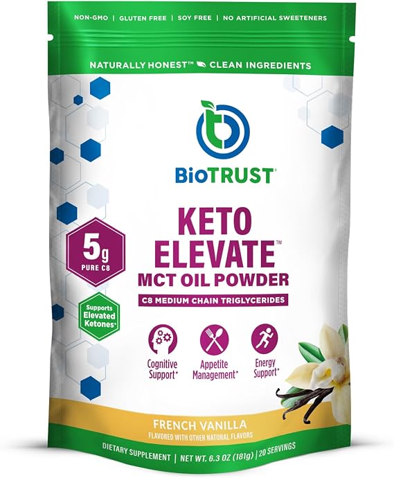 BioTrust C8 MCT Oil Powder, Keto Creamer, 100% Caprylic Acid, FrenchVanilla