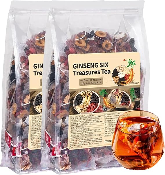 Ginseng Six Treasure Tea, Kidney Tea Formula Ginseng Six Treasure Teas for Daily Wellness, Mulberry, Goji Berry, Red Date | 30 Tea Bags for Men & Women (2 Pack)