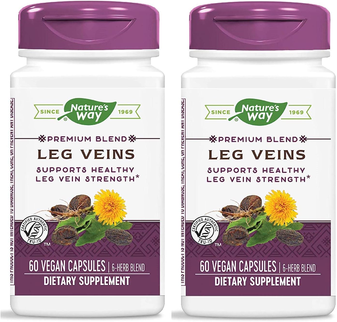 Natures Way Leg Veins Premium Blend of Horse Chestnut, Butchers Broom, Cayenne Pepper, Dandelion, Prickly Ash and Grape Seed Plus Vitamin C Dietary Supplement 60 Vegan Capsules