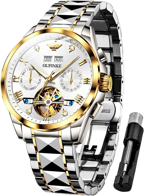 OUPINKE Men's Automatic Skeleton Tourbillon Automatic Luxury Sapphire Crystal Business Dress Wrist Watch, White dial with two tone band, Mechanical