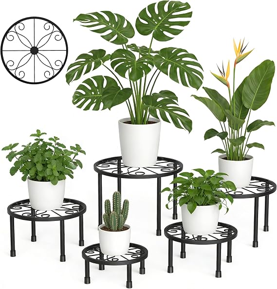 5 Pack Black Metal Plant Stands,Waterproof Heavy-Duty Round Flower Pot Holders,4-Legged Detachable Iron Plant Pot Shelves,Easy to Assemble & Store for Indoor Outdoor Garden Patio
