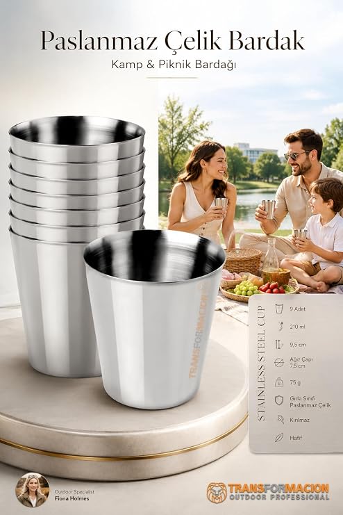 Transformacion 9'lu Paslanmaz Çelik Bardak Seti 210 ml, Kırılmaz Hafif Kamp & Piknik Bardağı, Outdoor Çelik Kupa 721530