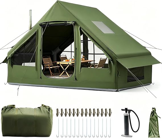 Inflatable Camping Tent with Pump, 420D Oxford Glamping Inflatable Sport Tent for Camping, 4 Season Windproof Outdoor Blow Up Cabin Tent with Mesh Windows & Doors for Camping