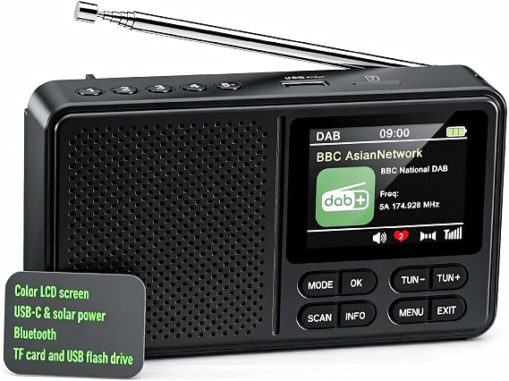 Portable DAB+ Digital Radio, 2.4" Colour Display, Solar Black