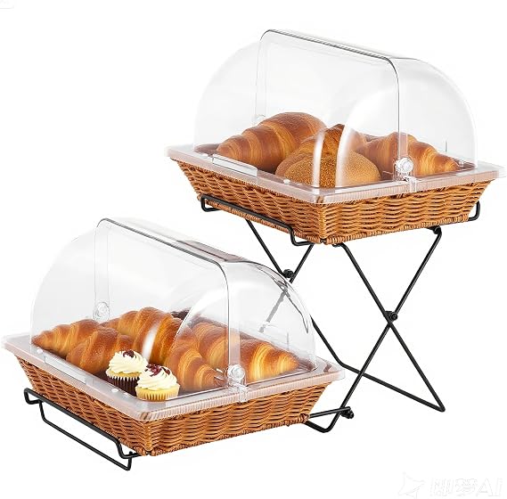Bread Basket Serving Display Tray with Clear Roll Top Cover and Metal Display Stand for Snacks Cookies Bakery Pastry Display Rack (13x10.6 in)