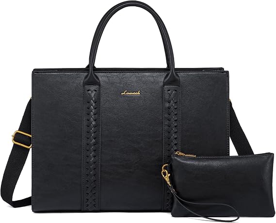 LOVEVOOK Laptop Bag for Women, Vintage Leather Work Bags, Professional Computer Bag Laptop Tote Bag, Business Handbag Office Briefcase Large Shoulder Purse, Black