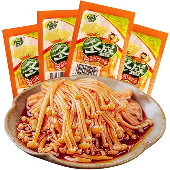 Spicy Enoki Mushroom Snack, Chili Oil Pickled, 5 Pack | Ready-to-eat enoki mushrooms in spicy red oil with a savory, chewy texture. Vegan and gluten-free. Great as a snack.