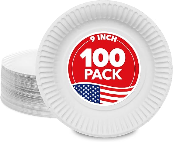 Stock Your Home 9-Inch Paper Plates Uncoated, Everyday Disposable Plates 9" Paper Plate Bulk, White, 100 Count
