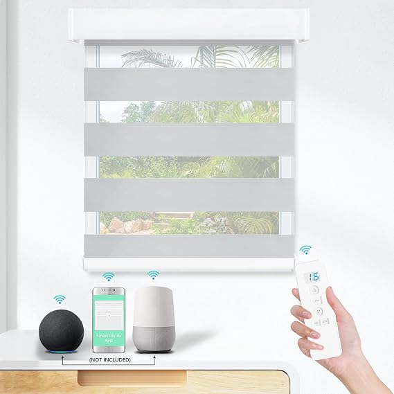 MING CHEN Motorized Blinds with Remote,Built-in Rechargeable Motor Smart Window Blinds, Automatic Electric Zebra Blinds Compatible with Alexa Google for Home Office (Luxury Silver)