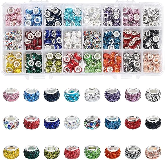 NBEADS 240pcs Rhinestone European Beads 24 Colours Polymer Clay Rondelle Charm Beads Crystal Pave Disco Spacer Beads with Large Hole and Brass Cores for Jewellery Making
