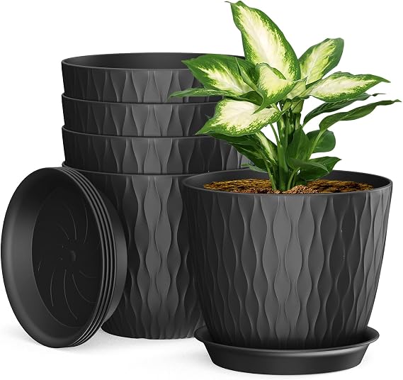 Plastic Plant Pots Indoor, 5 Pack 20cm/8 Inch Stripe Grooves Flower Pots with Drainage Holes and Tray, Modern Decorative Planter Pot for All House Plants（Black）