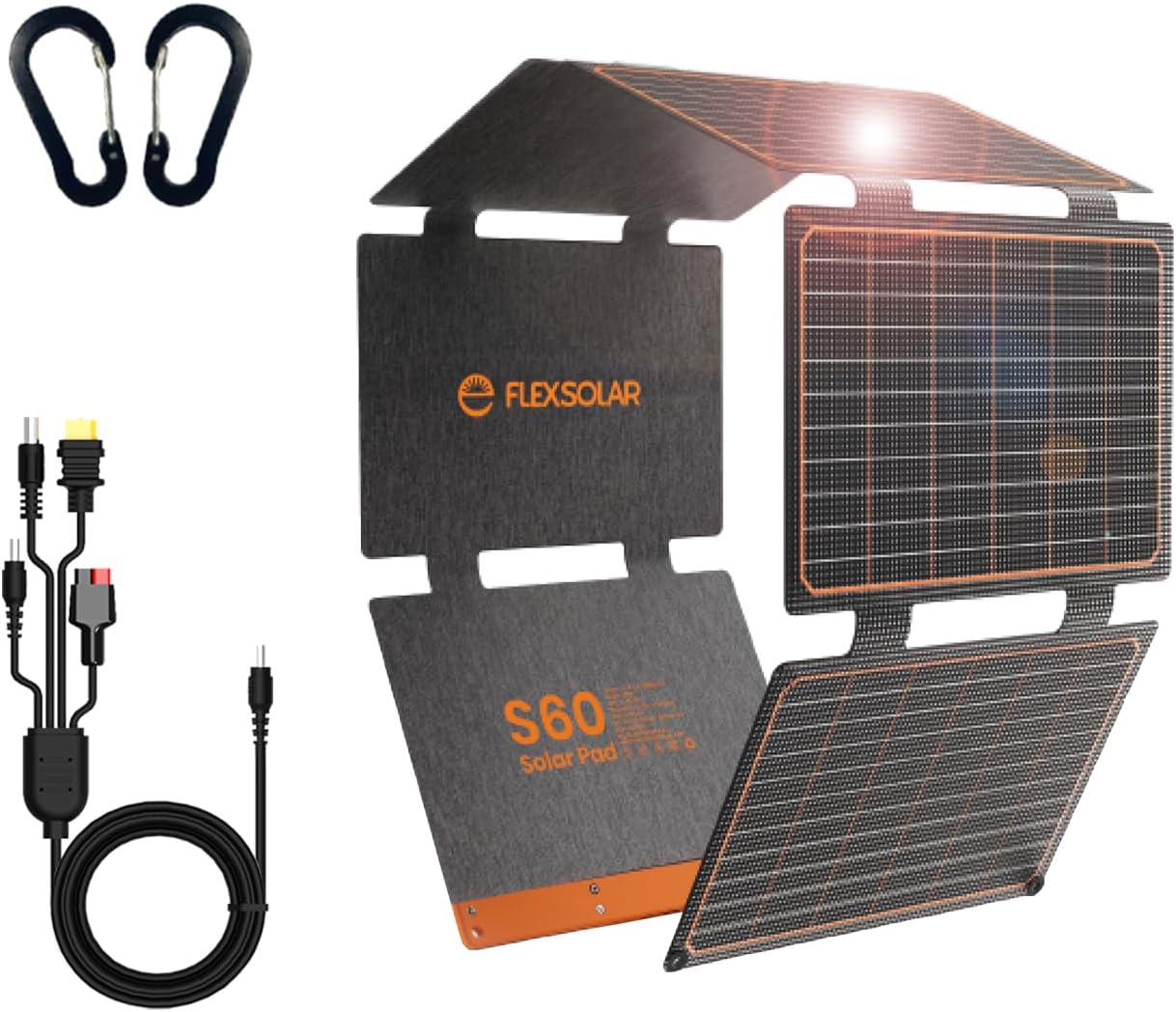 FlexSolar 60W Solar Panel Foldable Portable Solar Charger with USB-C USB-A and DC Outputs IP67 Waterproof Power Emergency Camping for Small Power Station Generator Phones Power Banks Tablets