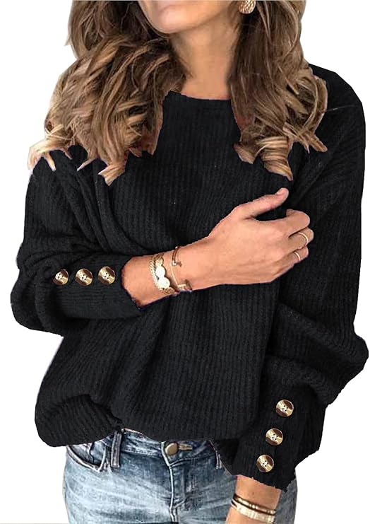 Womens Pullover Sweaters Batwing Long Sleeve Crewneck Casual Loose Knit Jumper Tops with Buttons