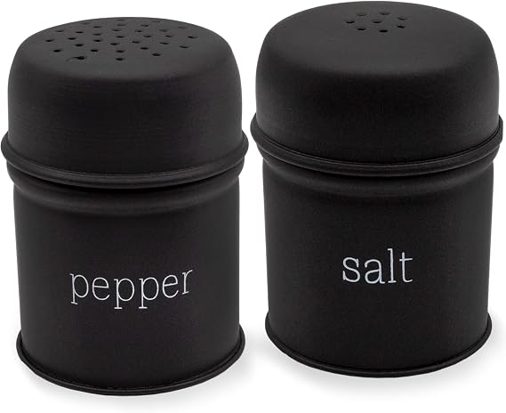 AuldHome Design Salt and Pepper Shaker Set (Black); Contemporary Modern Farmhouse Retro Enamel Style Shaker Set