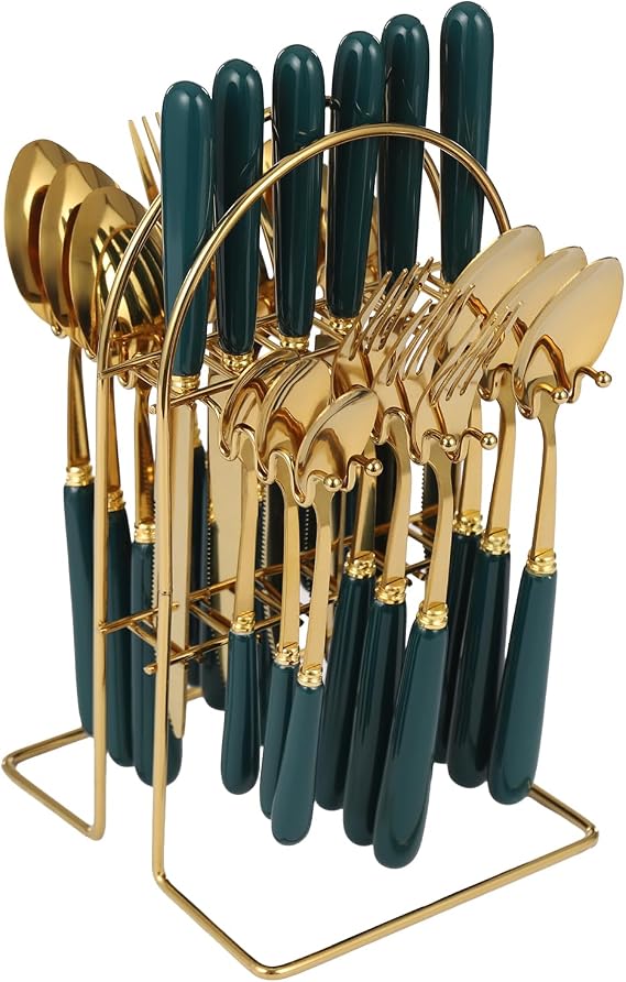 Stainless Steel Flatware Set, 24 Piece Cutlery Set with Holder, Service for 6, Spoons Forks Knives Set, Hanging Set for Restauroom Wedding Birthday Parties (Gold+ Dark Green)