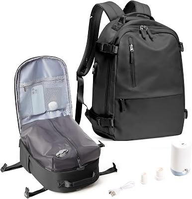 SEAFEW Black Vacuum Travel Backpack with Electric Pump, Carry on Backpack Flight Approved for Women, Casual Daypacks Cabin Bagage, Hiking Backpack Lightweight Rucksack with USB Charger