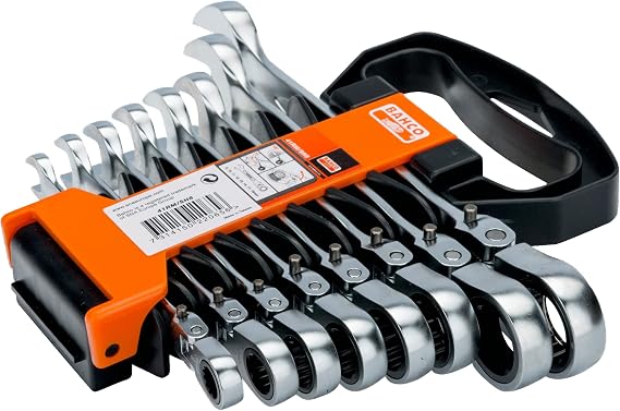 Bahco 41RM/SH8 BH41RM/SH8 Ratchet Combination Wrench with Swivel Head, Silver, 8-19 mm, Set of 8 Pieces