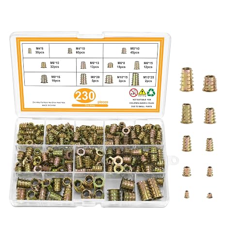 Hex Socket Wood Threaded Inserts 230Pcs,M4/M5/M6/M8/M10 Furniture Fasteners