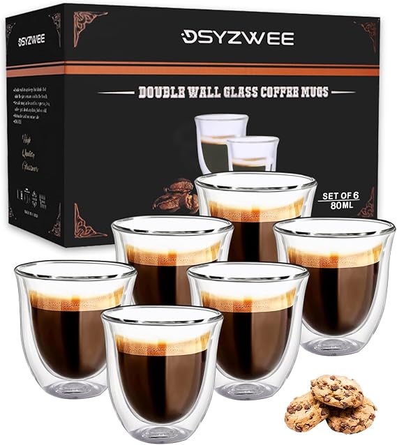 Double Wall Borosilicate Glass Espresso Cups, Espresso Cup Set (6 x 80ml), Tea Glass Caffee Cups, Handcrafted Artisan - Strong, Vacuum Insulated
