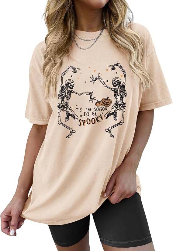 SOFEON Womens Dancing Skeleton Shirt Halloween Skull Graphic T Shirt Oversized Retro Tees Tis The Season to Be Spooky Tops