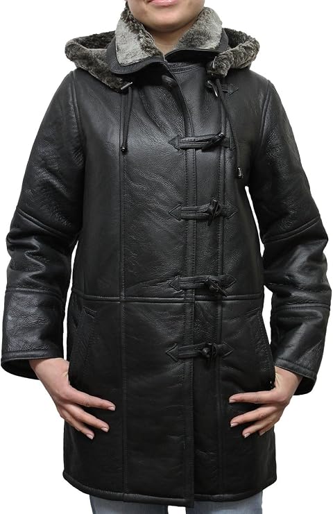 BRANDSLOCK Womens Duffle Genuine Shearling Sheepskin Leather Trench Bomber Coat