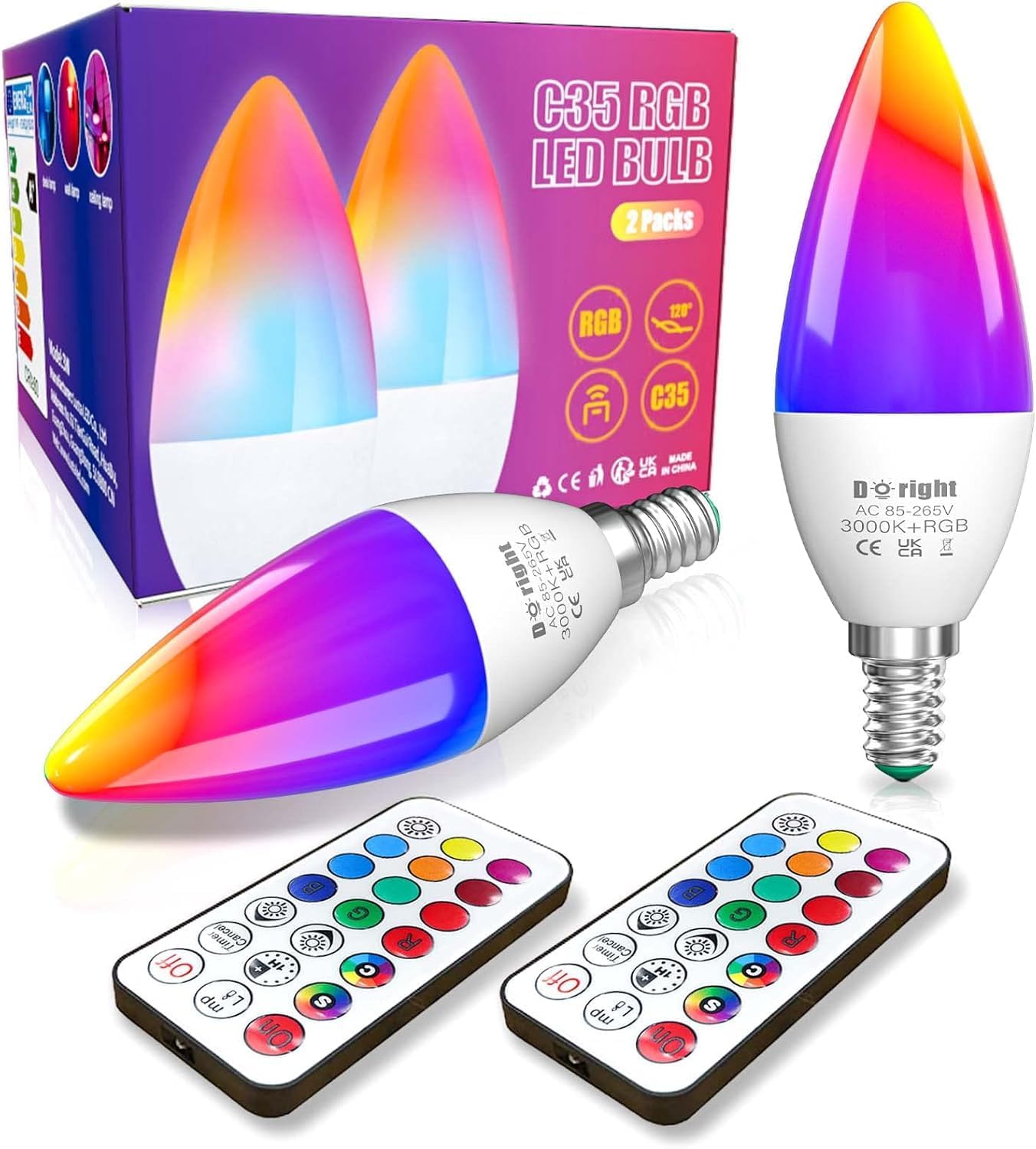 DoRight E14 LED Colour Changing Candle Bulbs, 3W Dimmable Multi Color E14 RGBW Light Remote Control, Memory & Timing Function, 40W Equivalent SES Small Edison Screw, RGB  Warm White 3000K 2-Pack [Energy Class G]