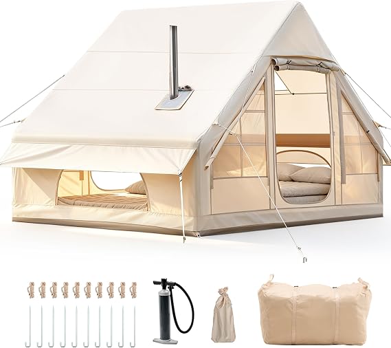 Aufblasbares Campingzelt mit Kaminöffnung &amp; Dachfenster Aufblasbare Zelt für 2-10per mit Luftpumpe Zelt Aufblasbar aus Wasserdichtem Oxford-Stoff für Jahreszeiten Schneller Aufbau Luftzelte